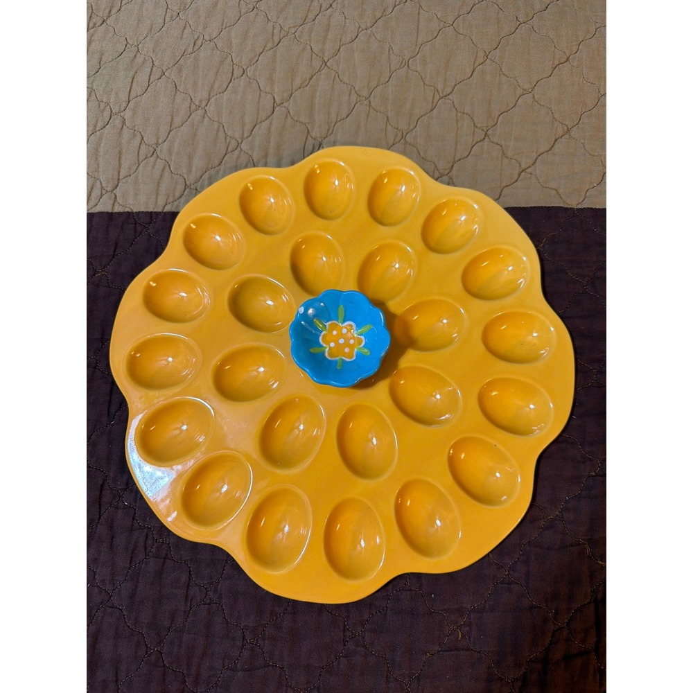 Dennis East International Yellow Ceramic Deviled Egg Platter 24 Slot Blue Flower